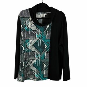 Parsley & Sage Geometric Print Cowl Neck Tunic Top XL Teal Black Boho Artsy